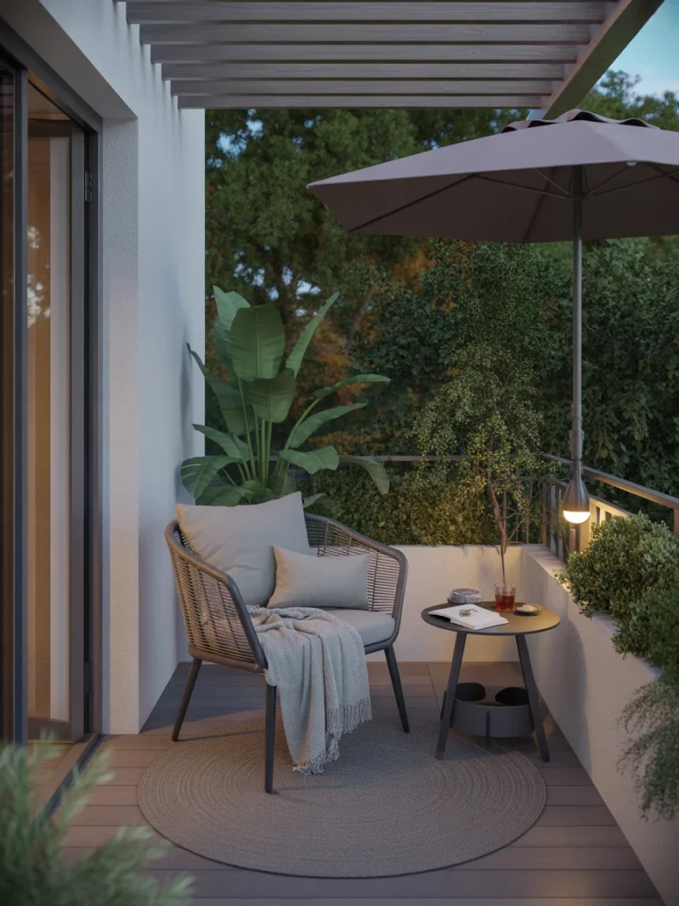 Outdoor cozy reading nook with chair, umbrella, and small balcony table