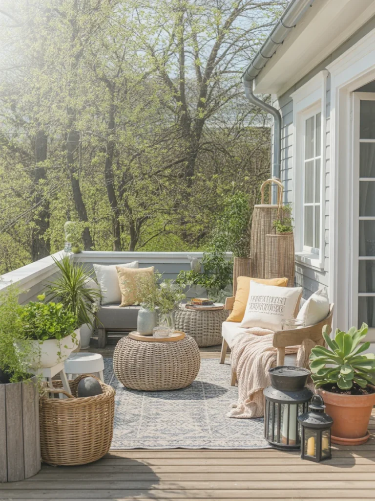 Outdoor spring balcony decor with wicker furniture, plants, and cozy seating area