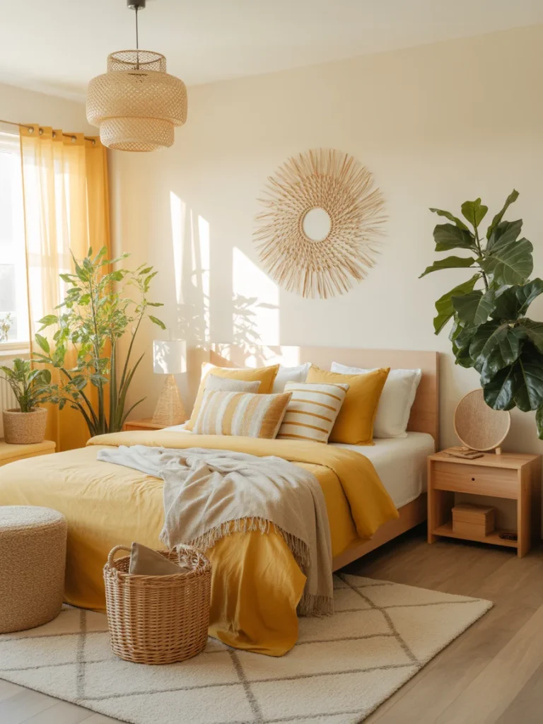 Bedroom styled with yellow bedding, indoor plants, and natural wood decor