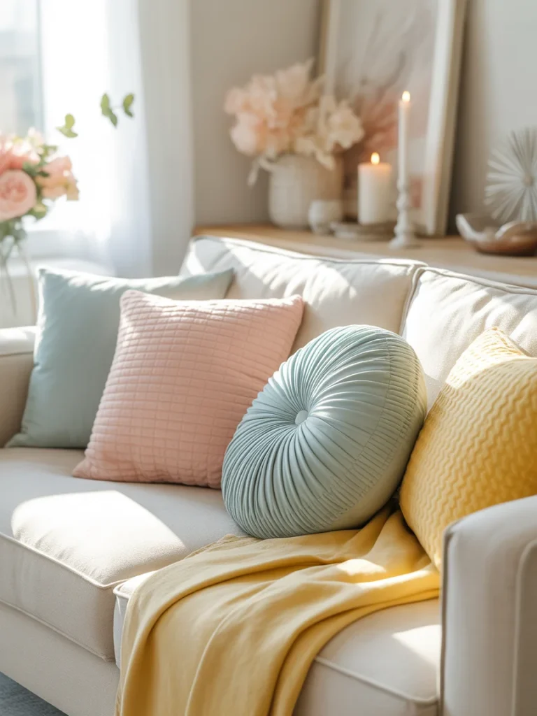 Pastel color accents with decorative pillows and throw blanket on a cozy sofa
