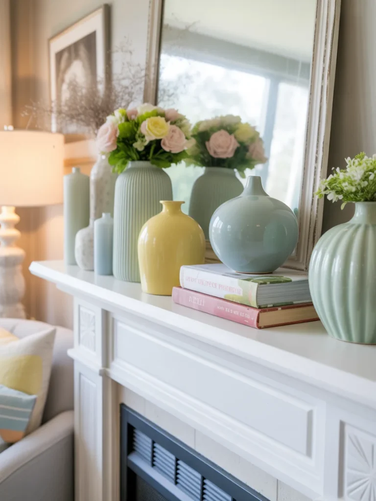 Pastel color palette mantel styling with ceramic vases, flowers, and decorative books