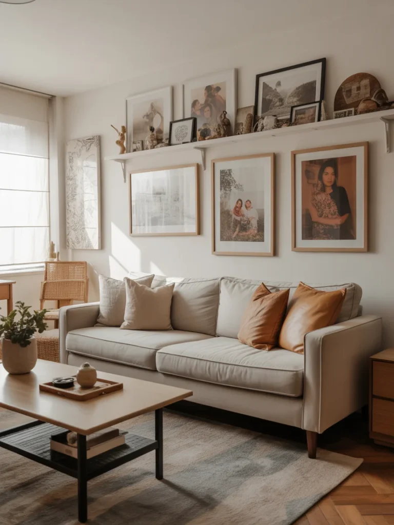 Living room with gallery wall of framed photos and personal decor above neutral sofa