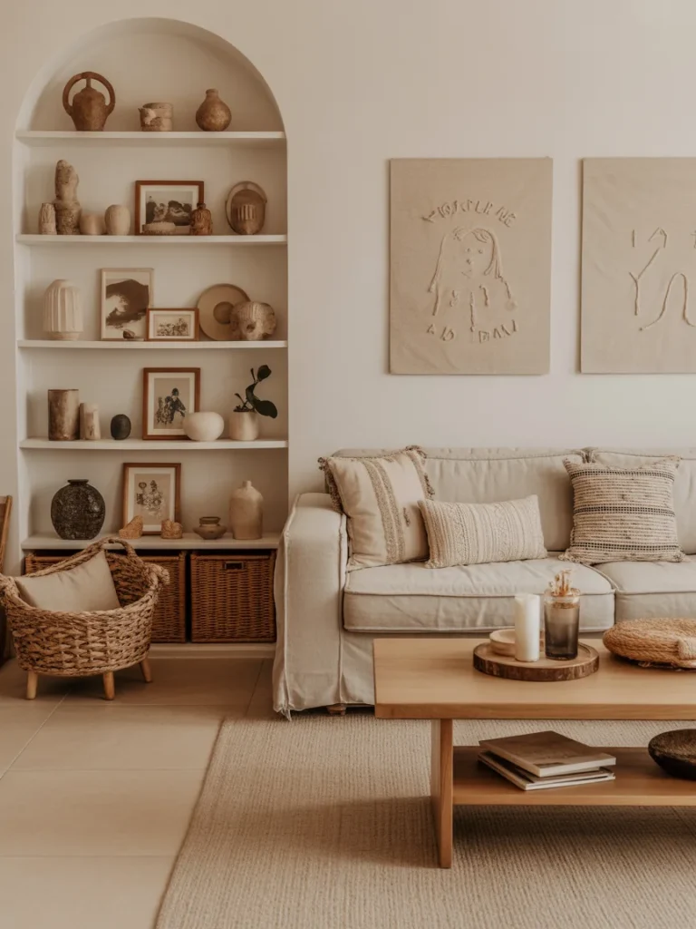 Modern boho living room with personal decor and styled shelves
