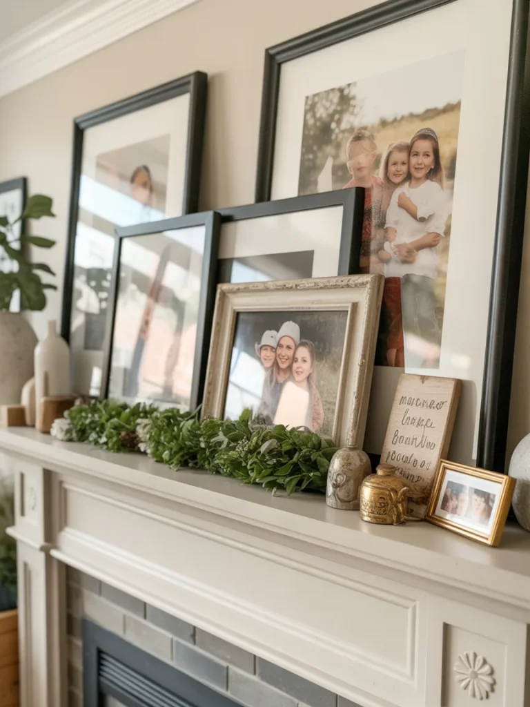 Personalized spring mantel decor with family photos and greenery garland