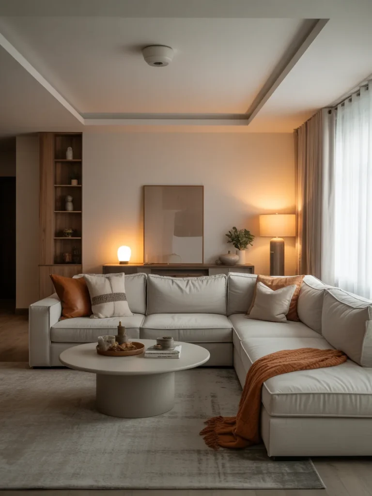 Cozy sectional sofa with soft cushions and warm accent lighting in modern living room