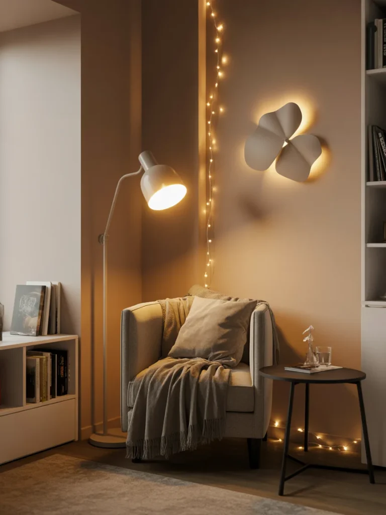 Cozy reading nook with accent lighting and armchair