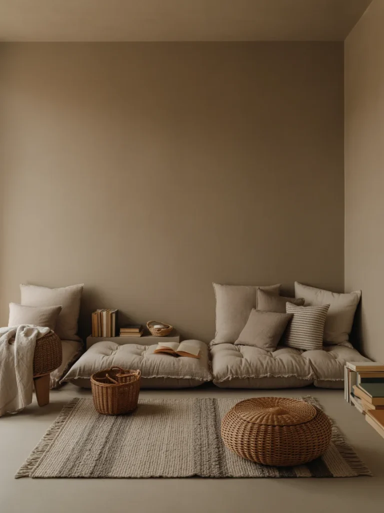 Reading nook with floor seating cushions and woven decor