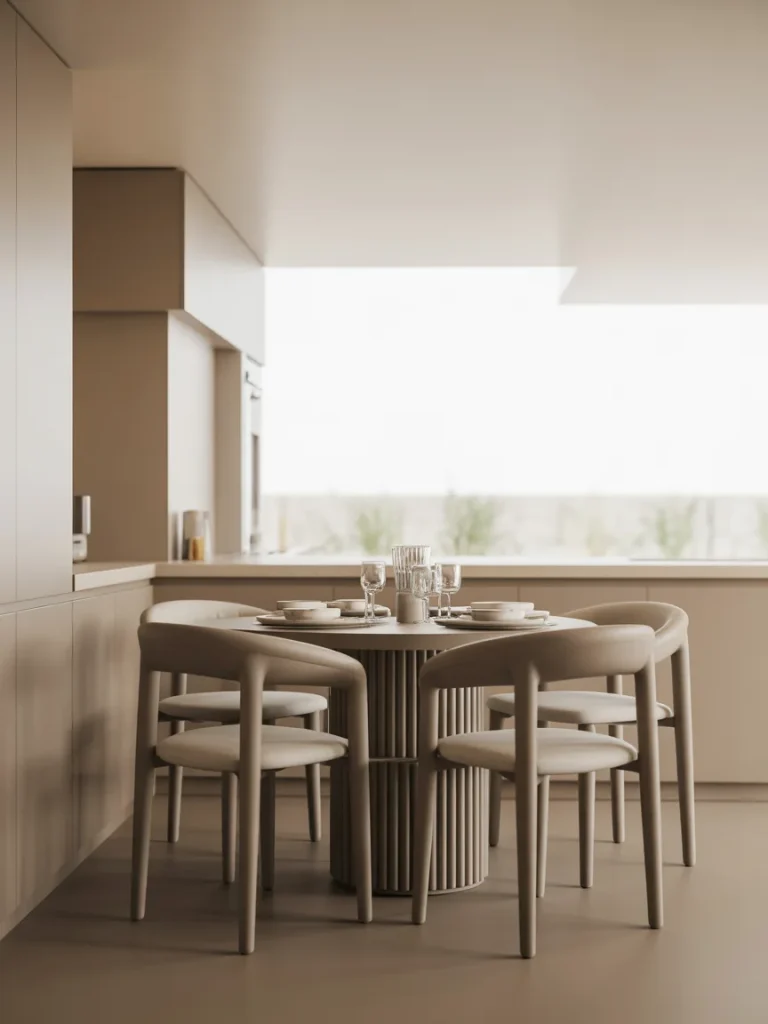 Contemporary dining nook with round table and upholstered chairs in neutral tones