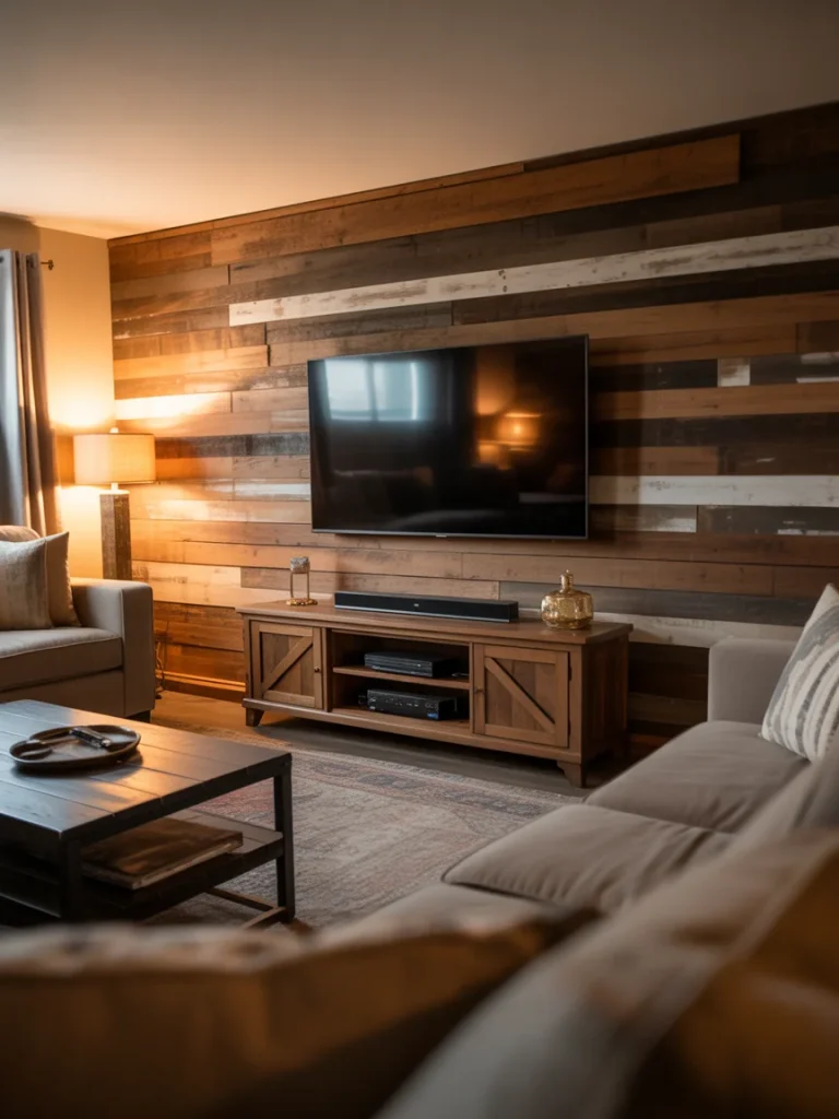 Rustic entertainment wall with reclaimed wood planks and wall-mounted TV