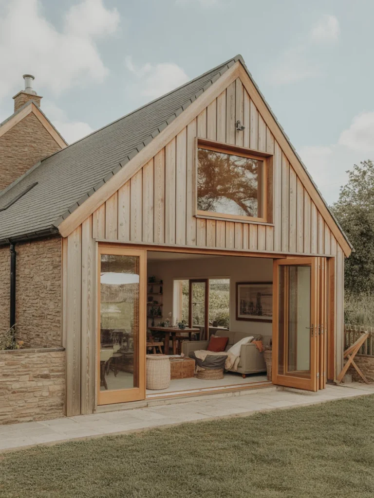 Rustic garden room extension with wooden cladding and open bi-fold doors