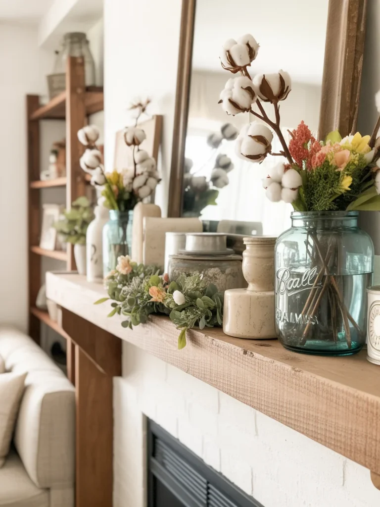 Rustic farmhouse spring mantel with cotton stems, greenery garland, and vintage jars