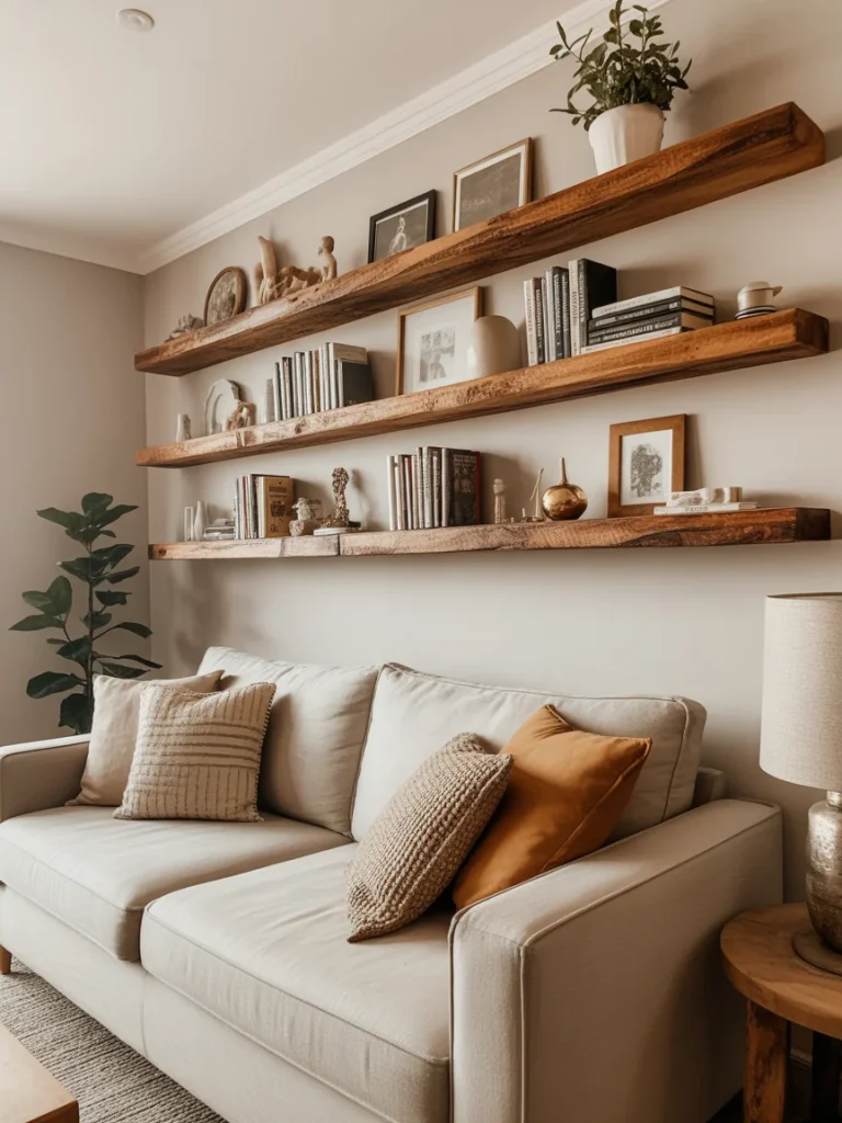 Rustic wood floating shelves above a neutral sofa with books and decorative accents