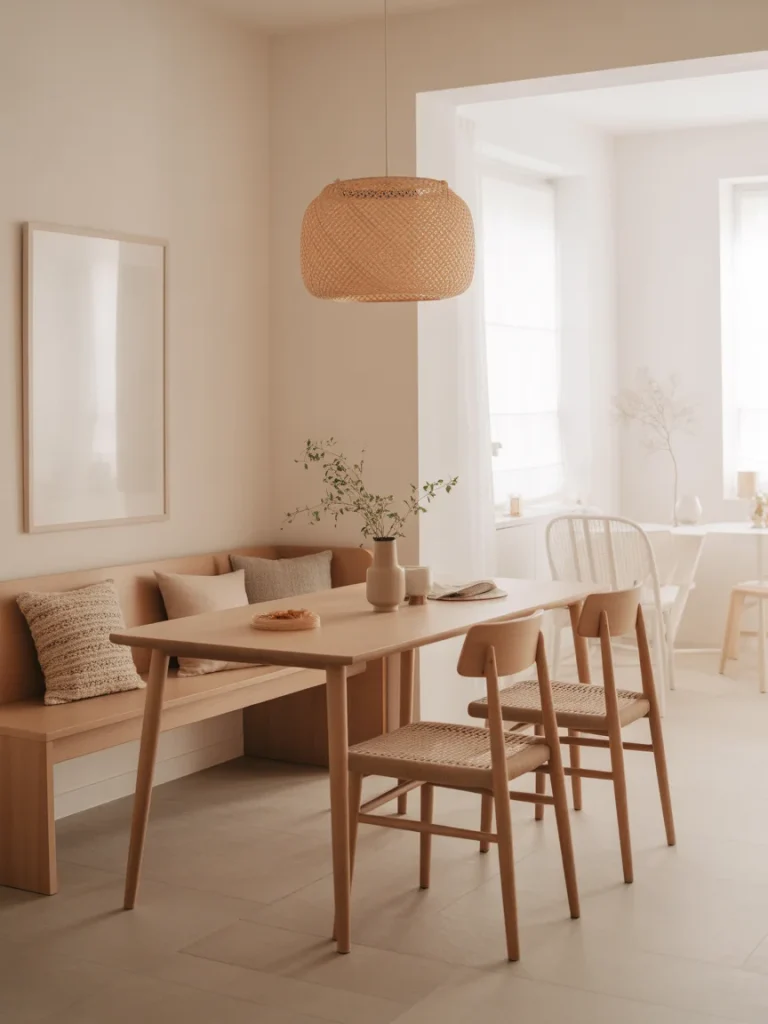 Scandinavian-inspired dining corner with wooden table, bench seating, and woven pendant light