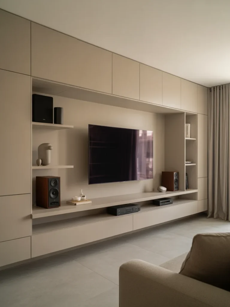 Modern living room with wall-mounted TV and built-in cabinetry for seamless technology integration