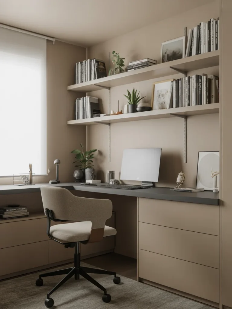 Floating shelves above a modern desk with books and decor in a minimalist home office