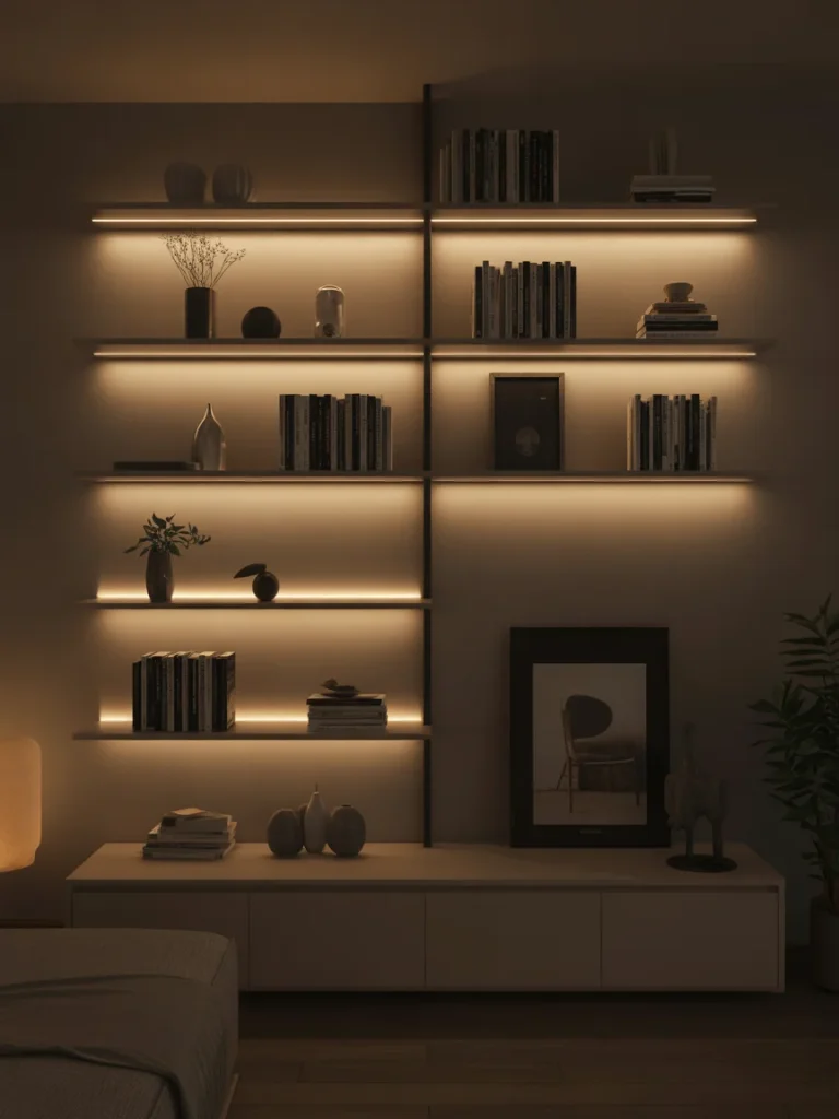 Floating shelves with built-in LED lighting displaying books and decor in a modern living room