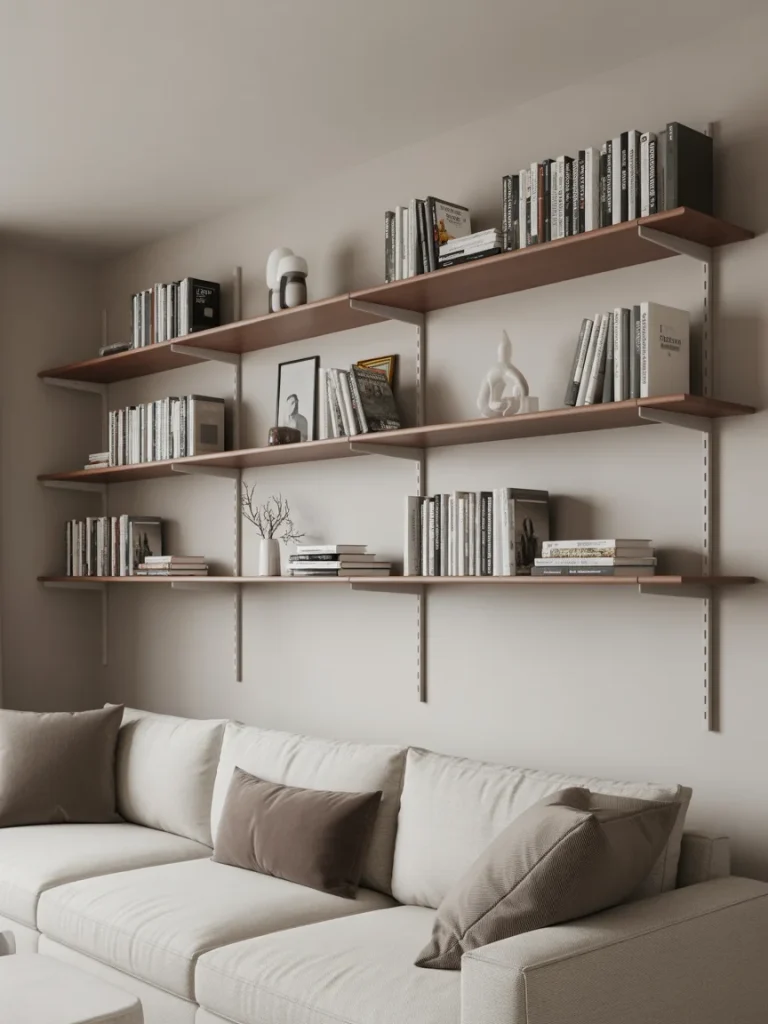 Floating shelves with hidden brackets styled above a neutral sofa with books and decor