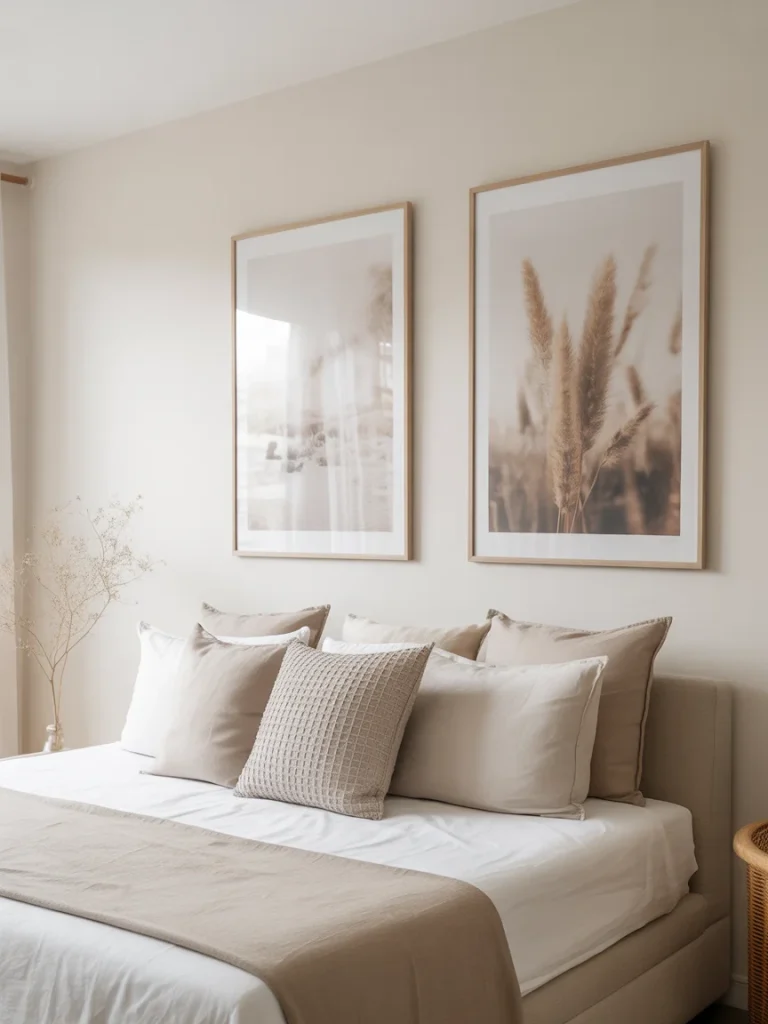 Minimal boho bedroom with simple framed wall art above a neutral bed