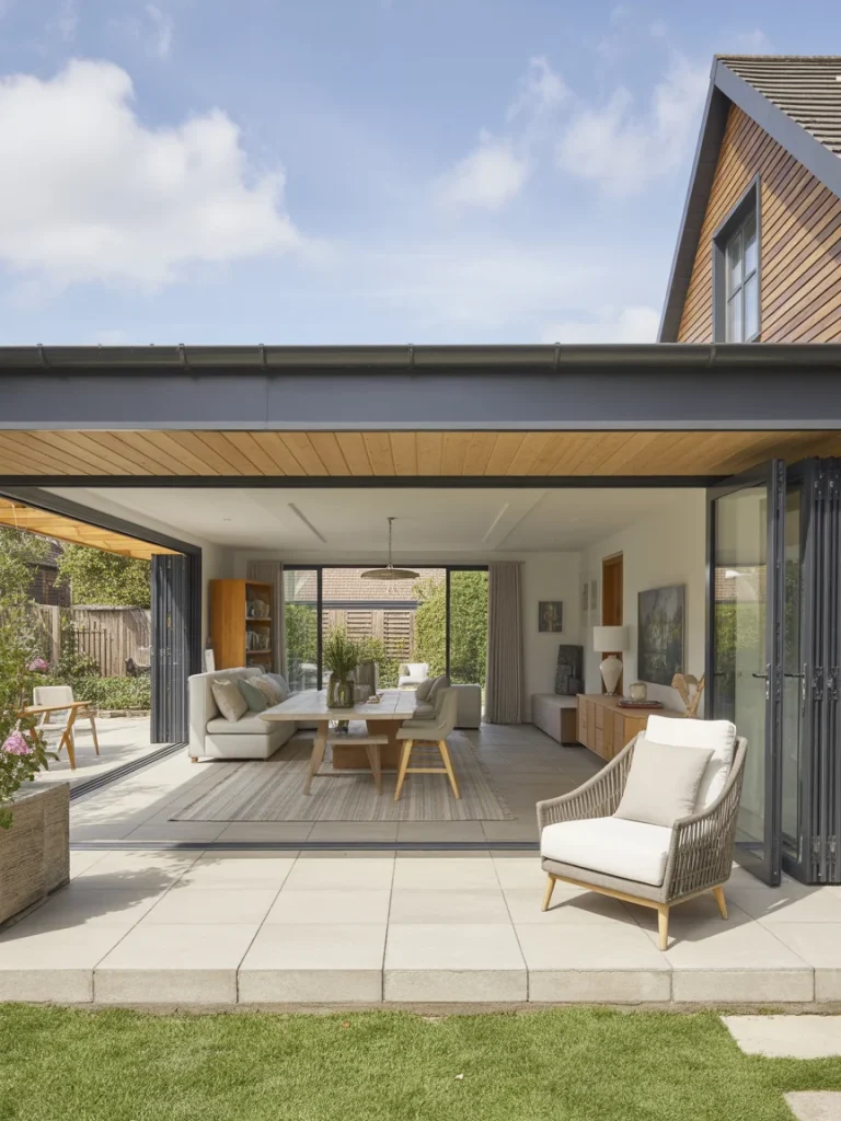 Garden extension with large sliding and folding glass doors opening to patio