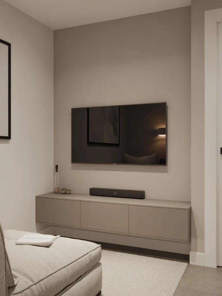 Small basement TV wall layout with floating cabinet and wall-mounted television