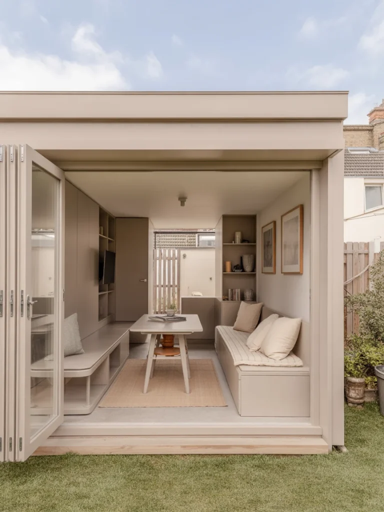 Small garden room with built-in seating, storage, and compact dining table