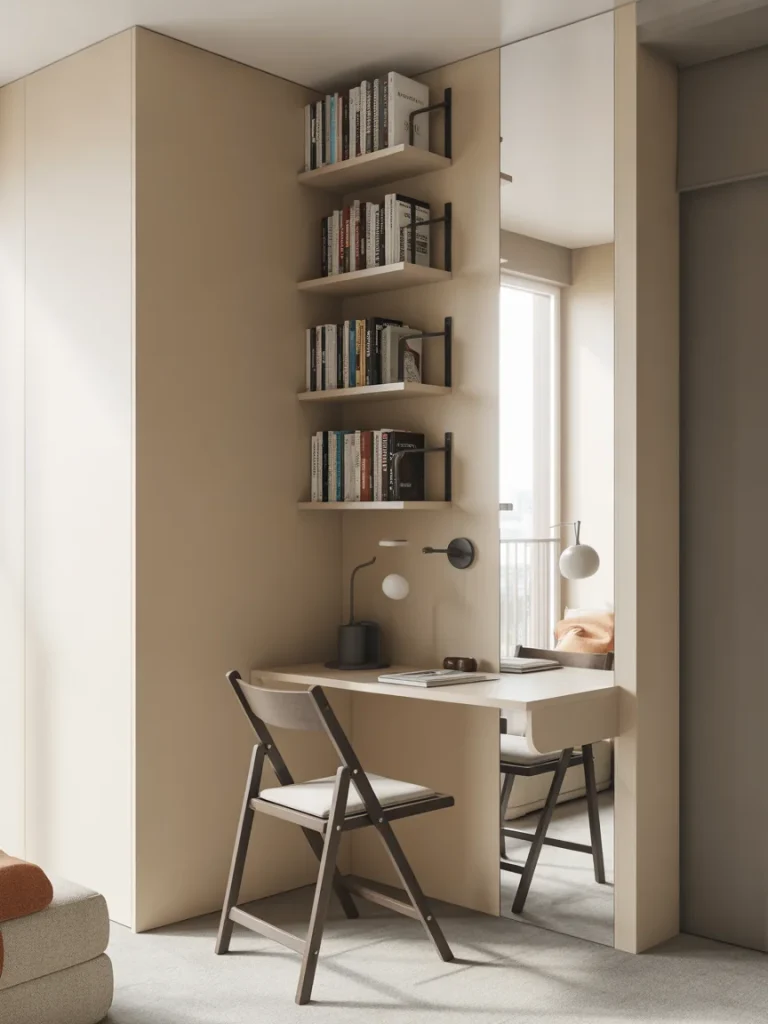 Small space reading nook with compact desk, chair, and wall shelves