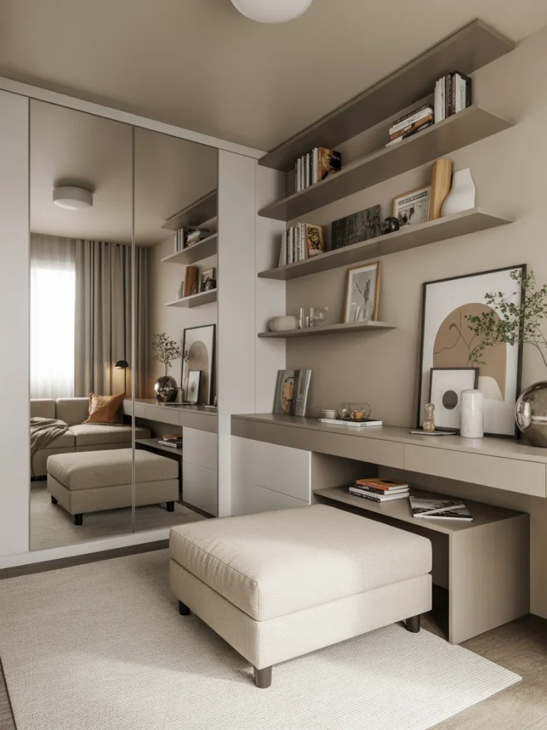 Smart small living room with built-in shelves and mirrored closet doors