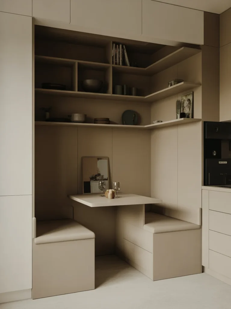 Compact breakfast nook with built-in storage shelves and bench seating