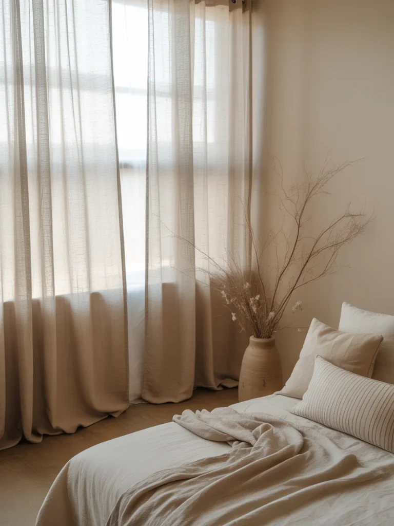 Sheer neutral curtains filtering sunlight in a calm boho bedroom