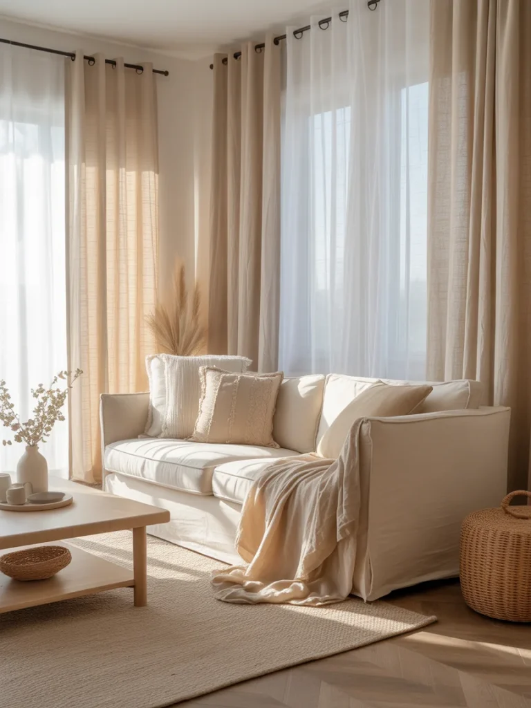 Soft linen curtains and neutral fabrics in a bright modern boho living room