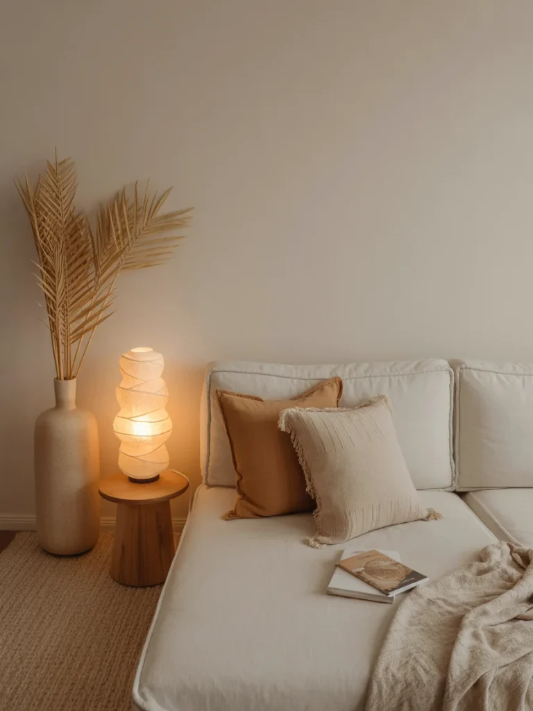 Boho living space with soft ambient lighting, neutral sofa, and warm decorative accents