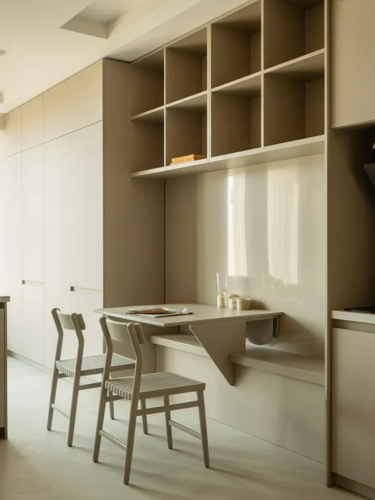 Space-saving wall-mounted dining nook with fold-out table and minimalist chairs