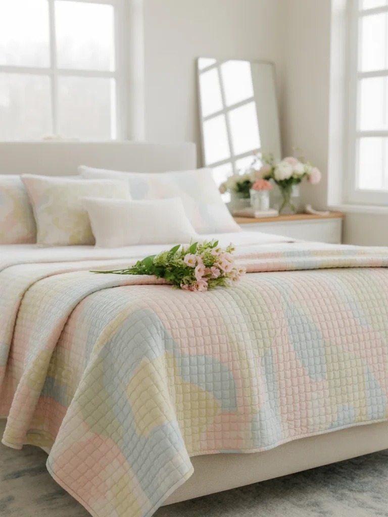 Spring bedroom decor with pastel quilt bedding and fresh flowers on bed