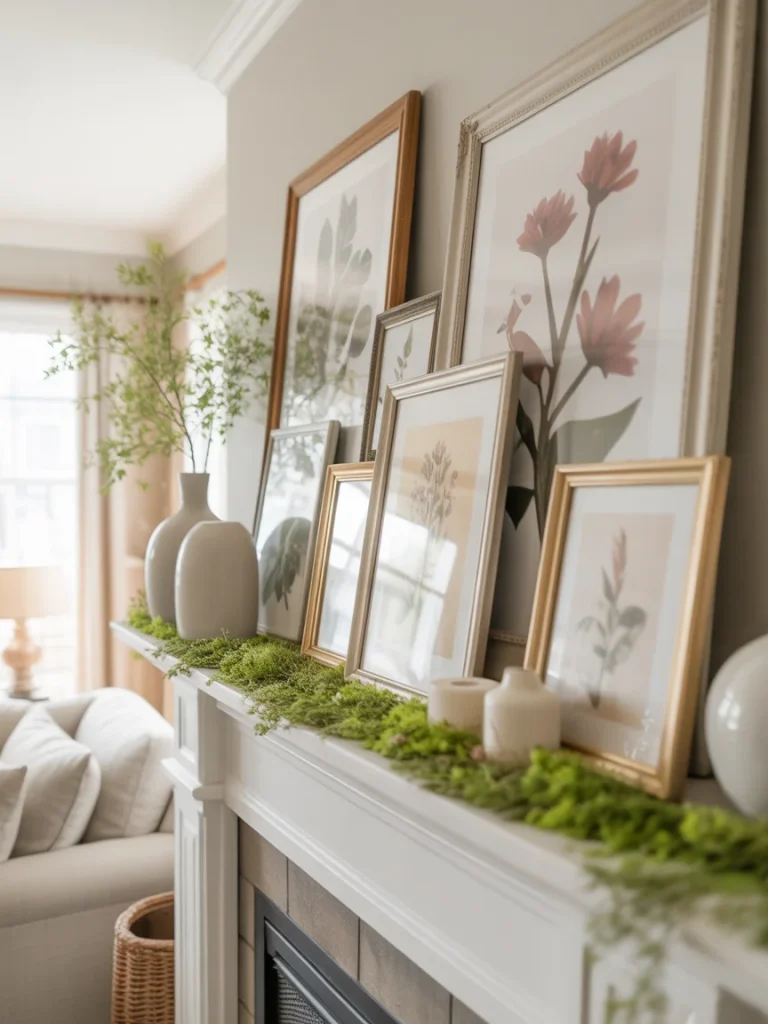 Spring botanical artwork display on mantel with framed prints and greenery garland
