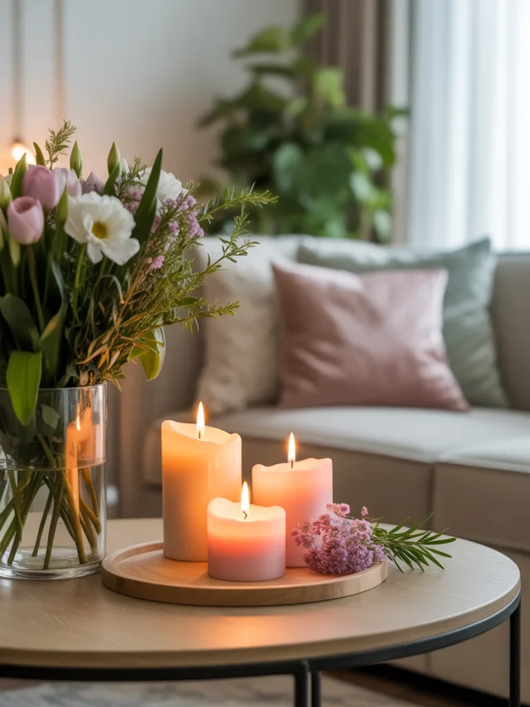 Spring candles with fresh flowers and greenery on a coffee table creating a cozy seasonal atmosphere