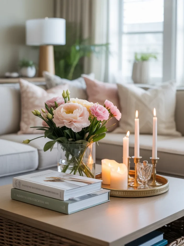 Spring coffee table styling with fresh flowers, candles, and books in a cozy living room
