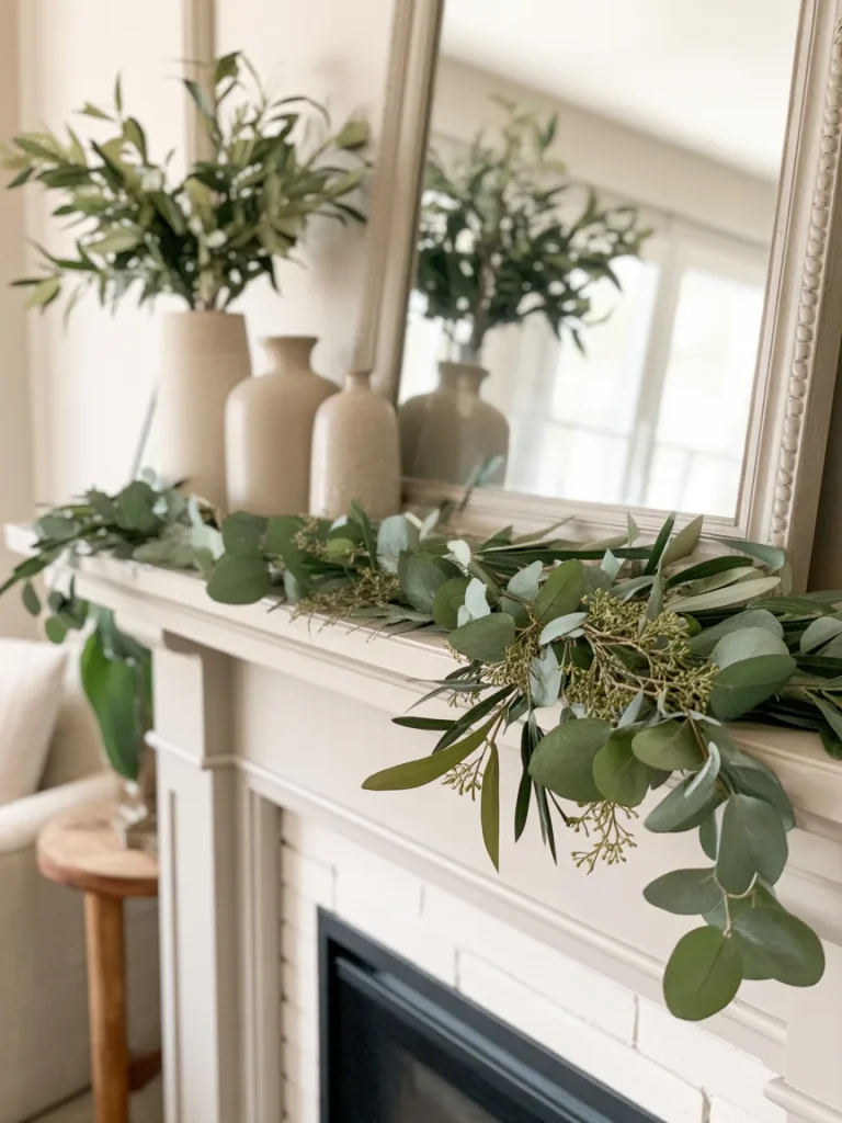 Spring mantel with eucalyptus garland, neutral vases, and mirror decor