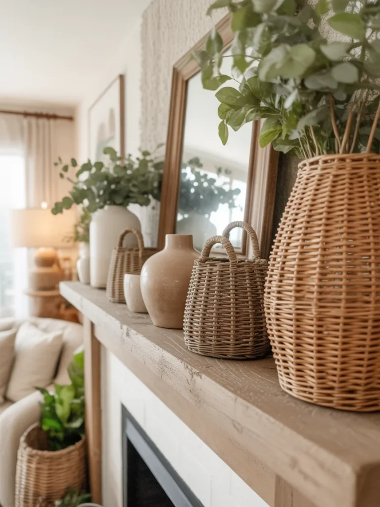 Spring mantel with natural textures featuring woven baskets and greenery decor
