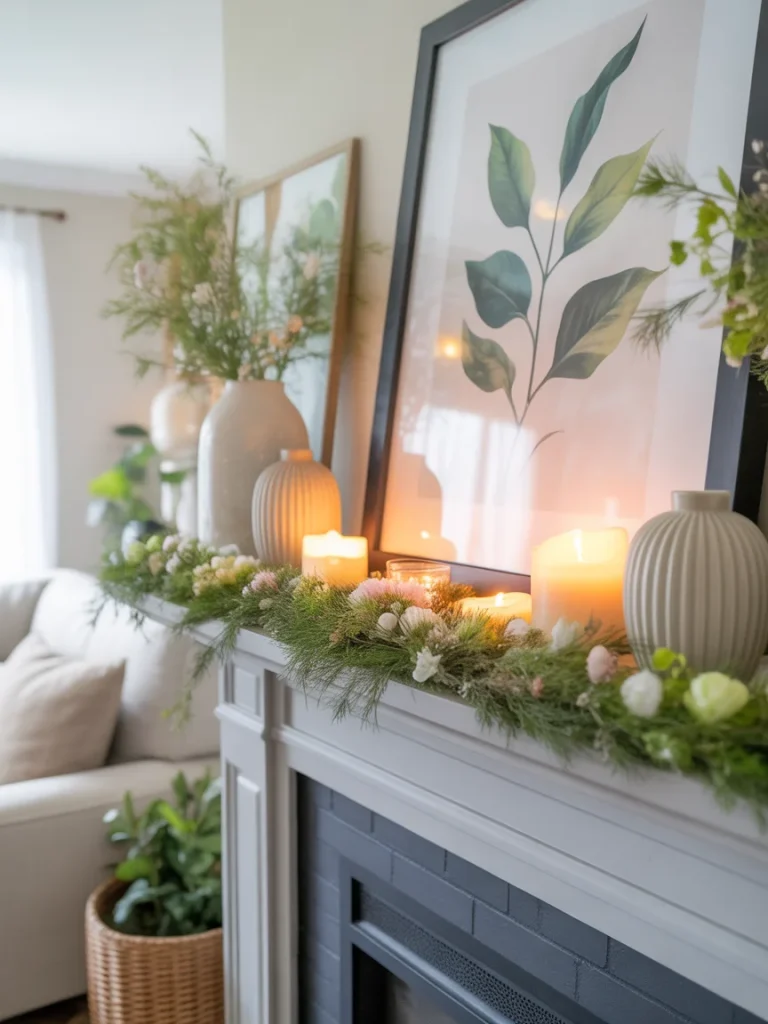 Spring mantel styling with greenery garland, candles, and framed botanical art
