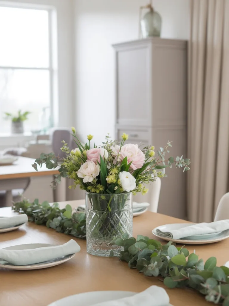 Spring table centerpiece with fresh flowers and greenery on a dining table