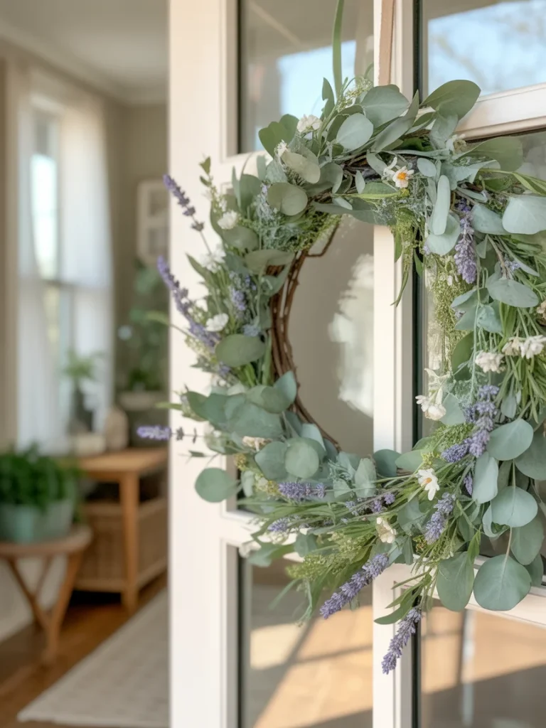 Spring wreath with greenery and lavender on a front door