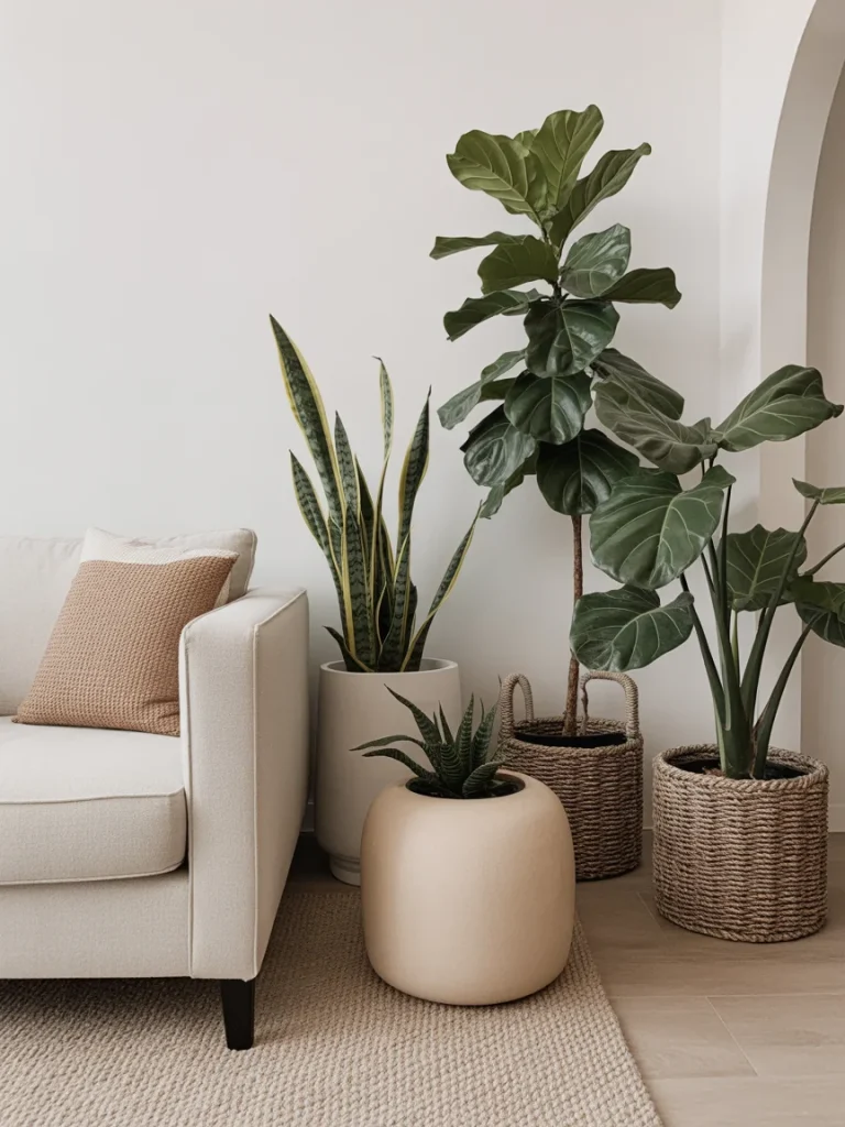 Statement indoor plants beside sofa in modern boho living room