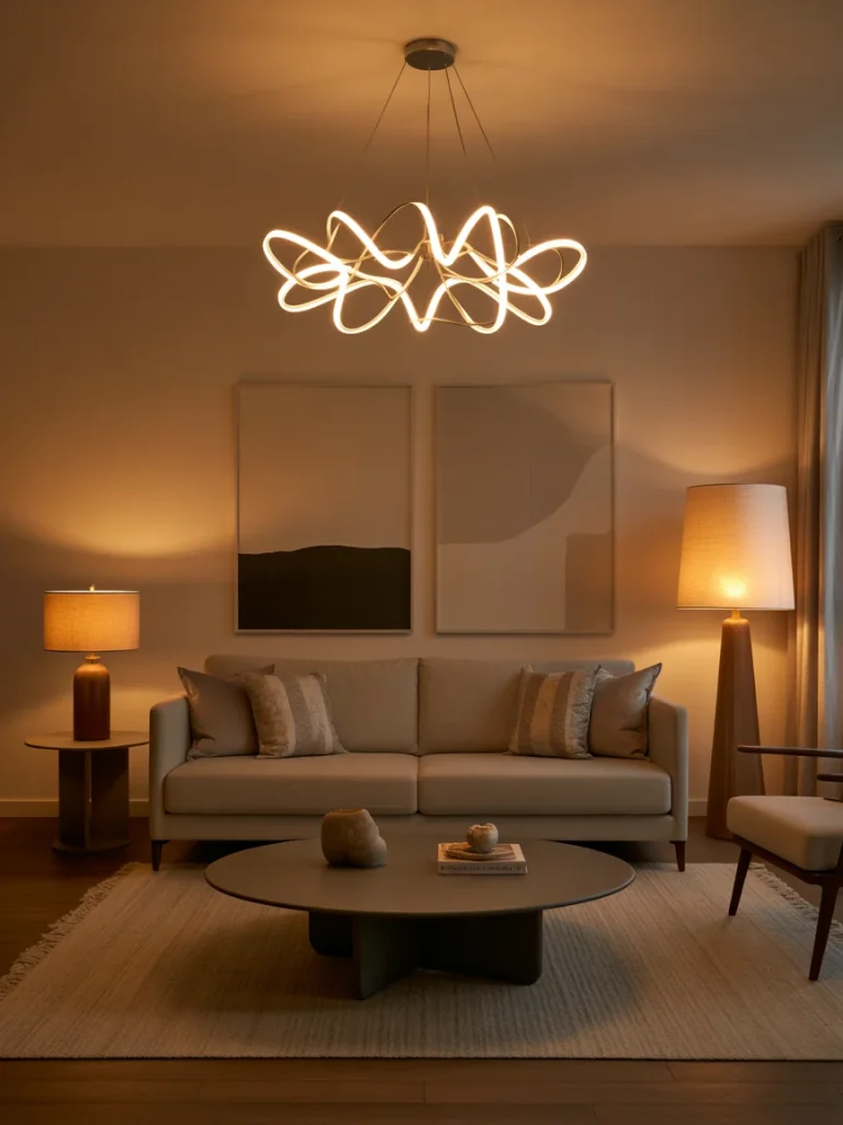 Modern living room with sculptural statement chandelier and warm ambient lighting