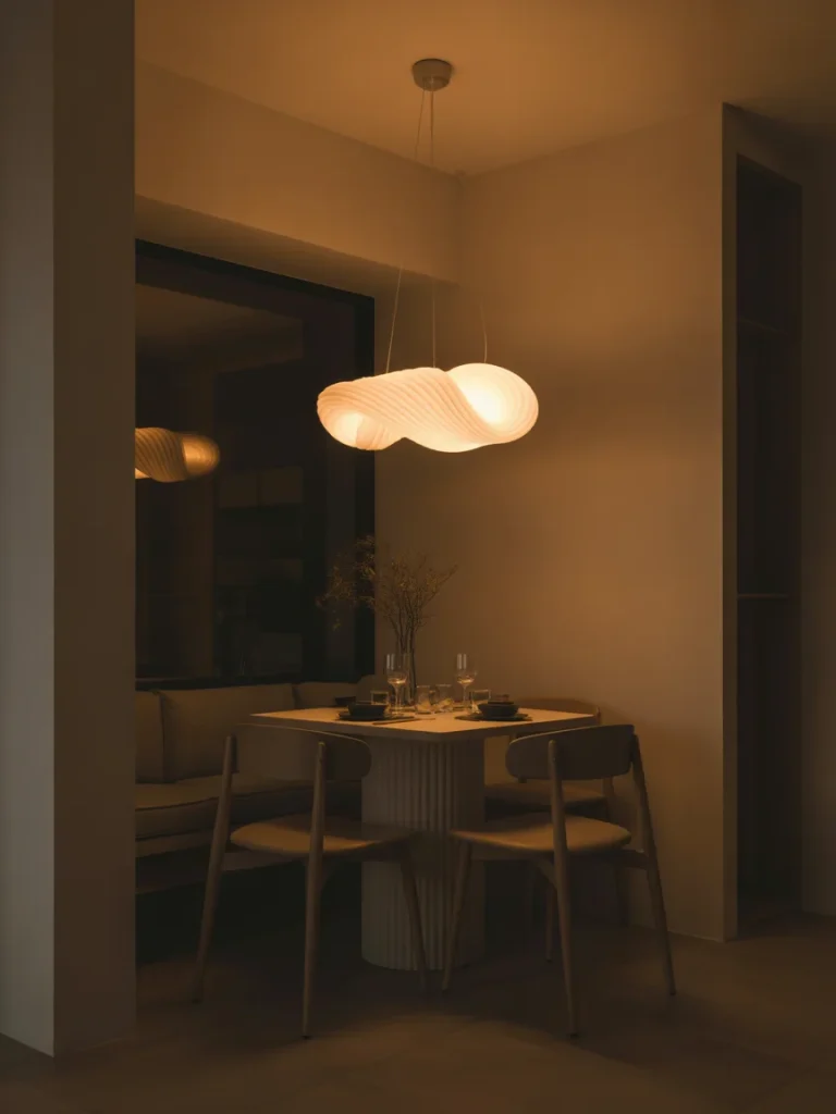 Modern dining nook with sculptural statement pendant light above a small table
