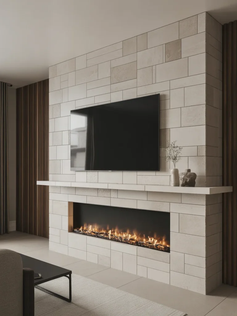 Stone and tile fireplace wall with mounted TV, modern linear fireplace, and neutral-toned contemporary living room design
