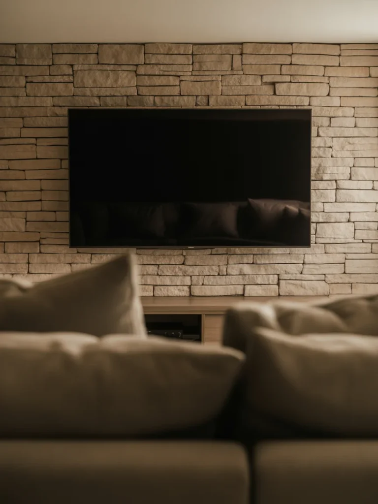 Wall-mounted TV on stone accent wall in cozy living room