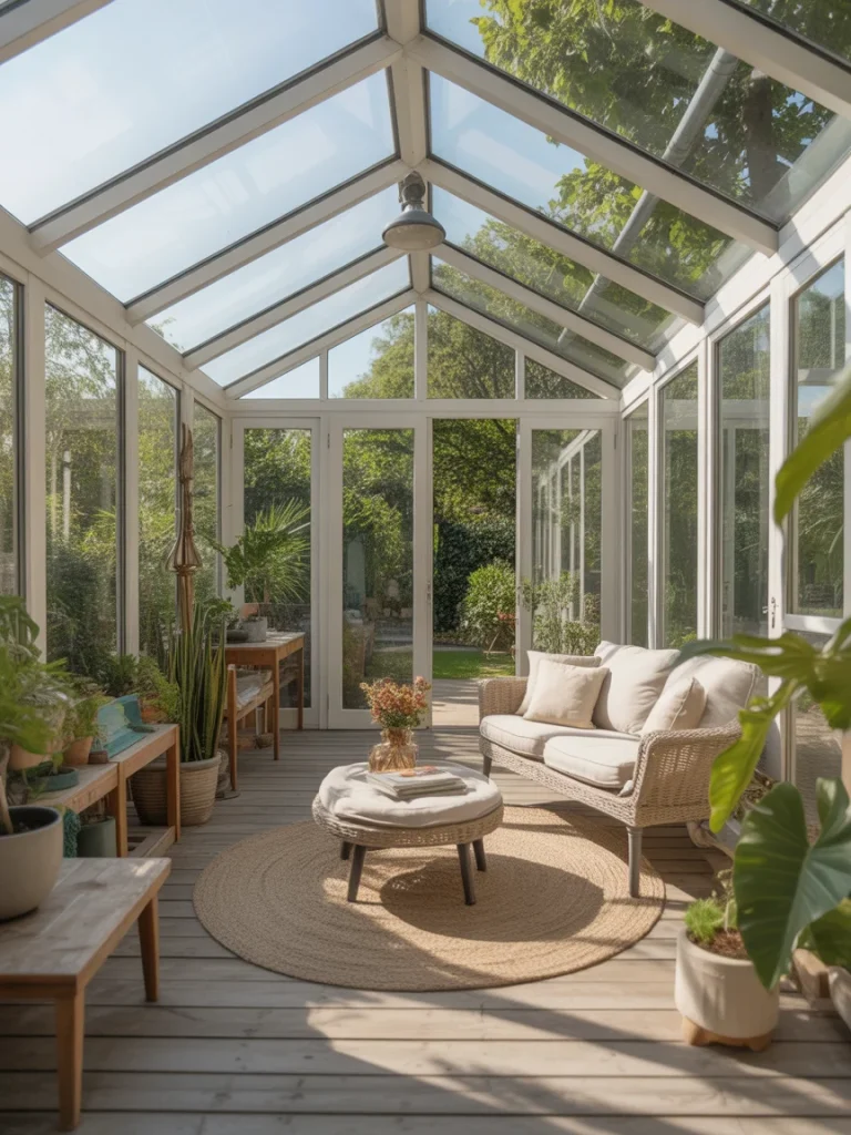 Bright sunroom-style garden extension with glass roof, wicker seating, and indoor plants