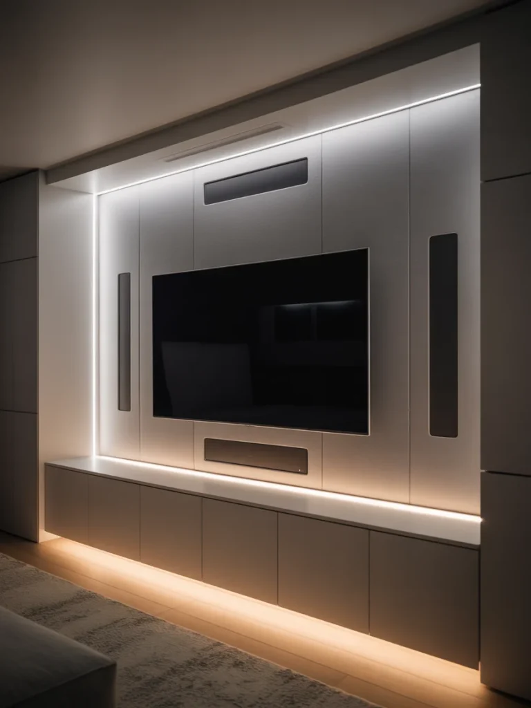Modern TV wall with surround sound integration and LED backlighting
