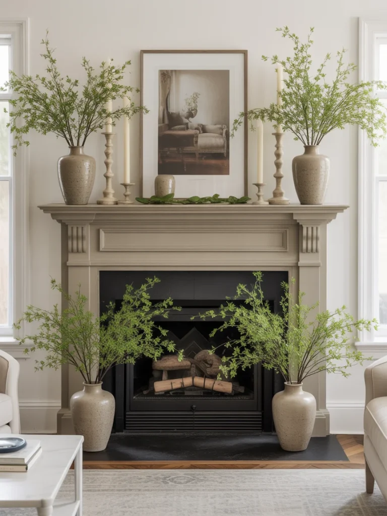 Symmetrical spring mantel arrangement with matching vases and greenery