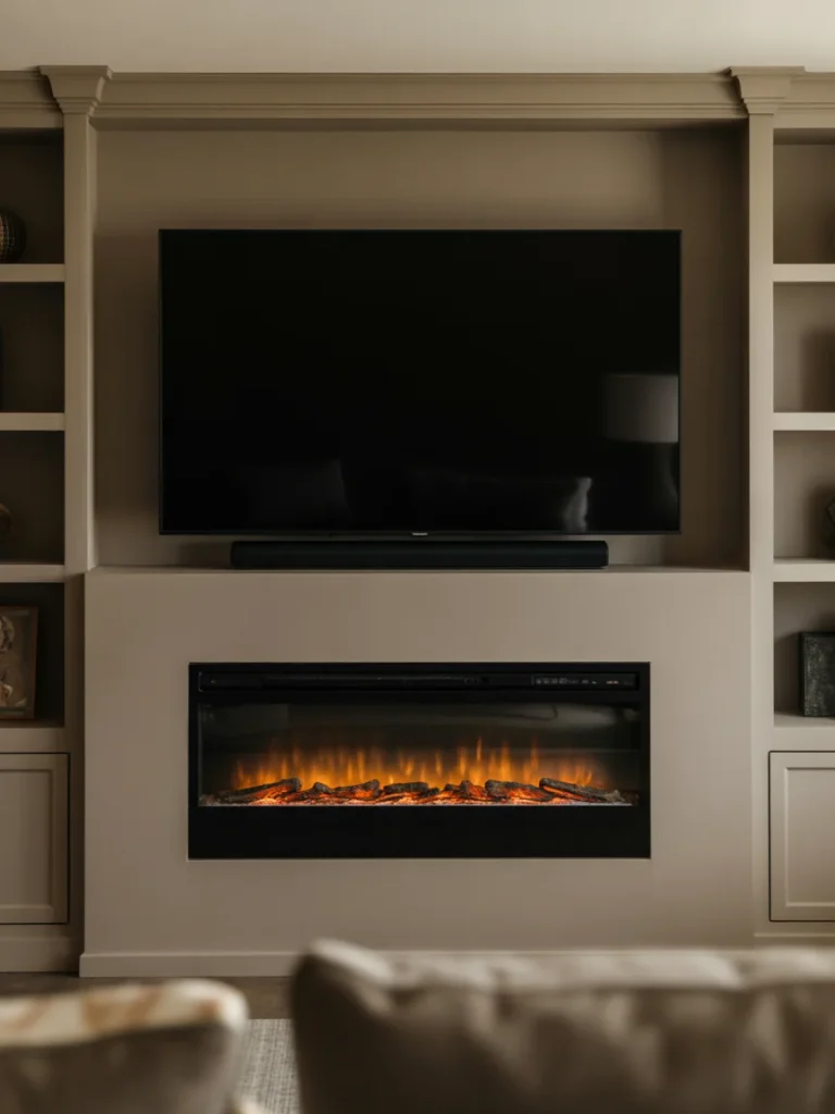 Built-in TV wall with electric fireplace and shelving
